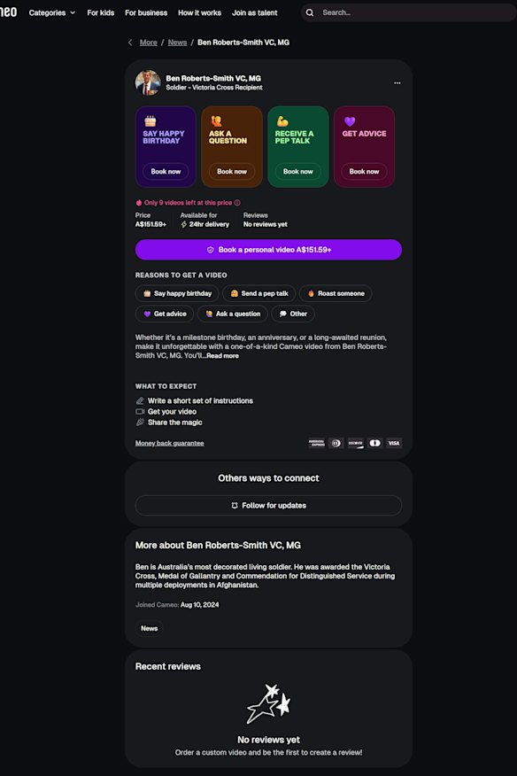 A profile pertaining to be Ben Roberts-Smith on the custom video website Cameo