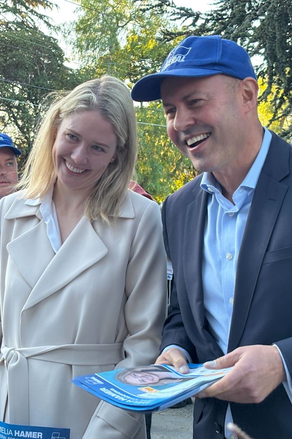 Hamer and Josh Frydenberg with a pre-poll voter during the federal election campaign.