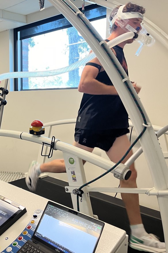 Peyton Craig undergoing a VO2 max test on the physiologists’ treadmill, part of Athletics Australia’s push to quantitatively tailor training.