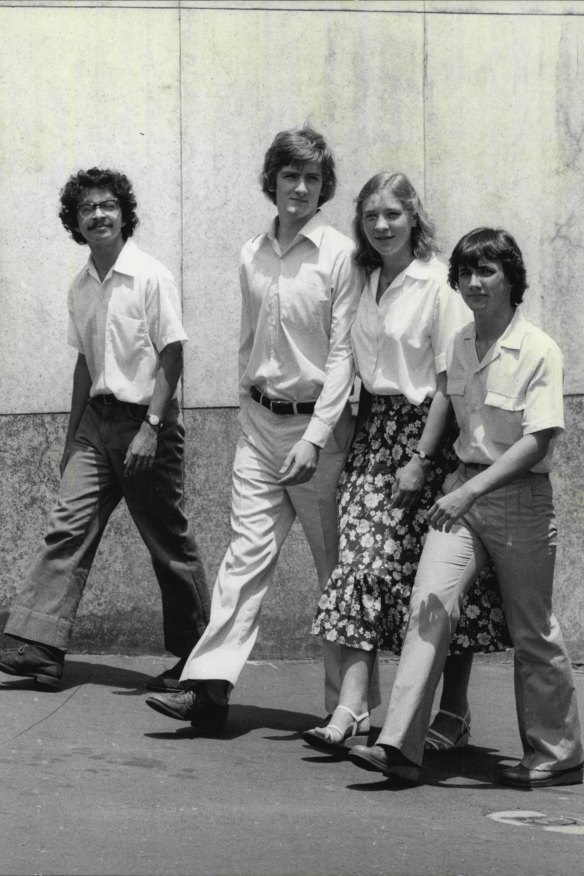 Original caption: ''Peter, Geoff, Mary and Ross.... all North Shore types, more conservative than students a decade ago and all products of "Good" schools.
The best and the brightest of the Class of '79 are full of confidence, even anxious to meet the challenge of the 80s.
They are likable, without the arrogance that sometimes goes with gifted minds.
But they have learned some lessons of the harsh 70s. Youthful optimism is touched with cynicism."
