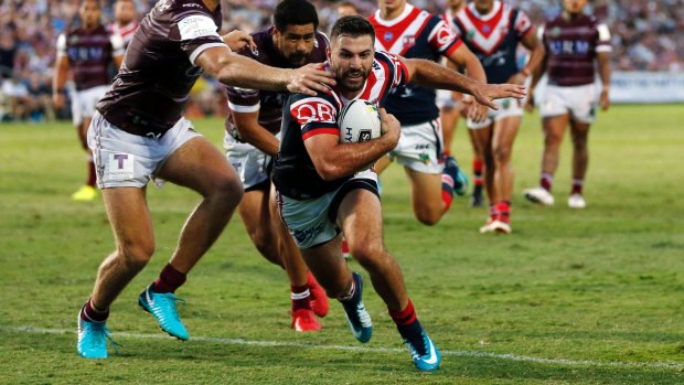 Off to a flyer: James Tedesco scored two tries on debut for the Roosters on Saturday night.