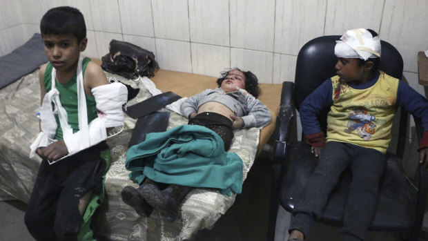 Children receiving treatment at a hospital in Hazeh in Eastern Ghouta, Damascus, Syria, pictured on Monday.