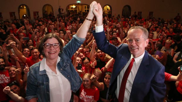 Labor's Ged Kearney celebrates her federal by-election win with Bill Shorten.
