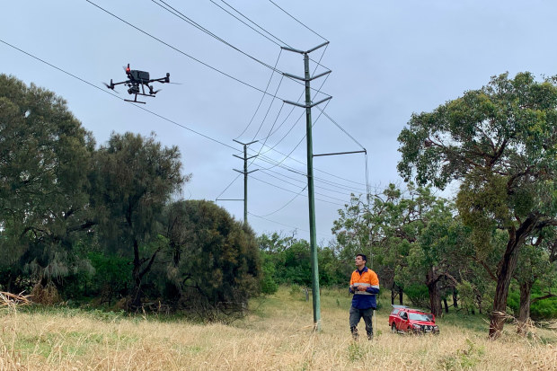 Drone inspects powerlines