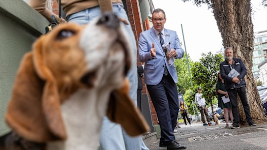 Mr Pepper watches on as the auction at 23/120 Cambridge Street gets underway with Jellis Craig auctioneer Simon Lord asking for bids.