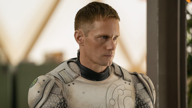 Alexander Skarsgard channels Robocop in this goofy satire about a murderous cyborg