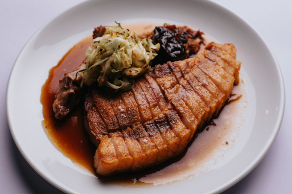 Cotelette de porc (pan-fried Berkshire pork cutlet) with prunes.