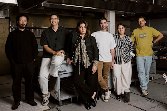 The team behind Delmonte at the King & Godfree site on Lygon Street, including (third from left, L-R) culinary director Karen Martini, chefs Mark Glenn and Diana Desensi, and owner Jamie Valmorbida.