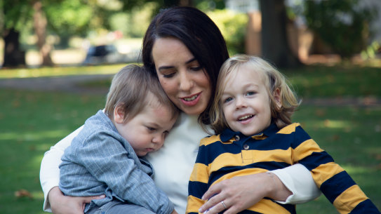 Stella Morris with her kids, Gabriel, 3, and Max, 18 months, in London.