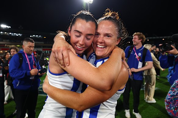 Blaithin Bogue and Emma Kearney celebrate their side’s thumping win.