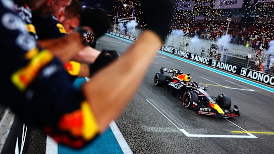 Race winner Max Verstappen crosses the line in Abu Dhabi.