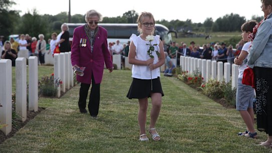 Suzanne Chapman, a retired lawyer from Melbourne, at the Fromelles ceremony to honour her uncle, Edwin Gray.