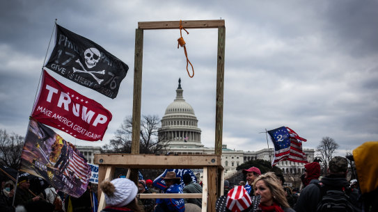Trump supporters erected a noose prop near the US Capitol on January 06, 2021, and threatened to get then vice president Mike Pence.