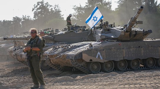 An Israeli tank in the staging area near the Gaza Strip.