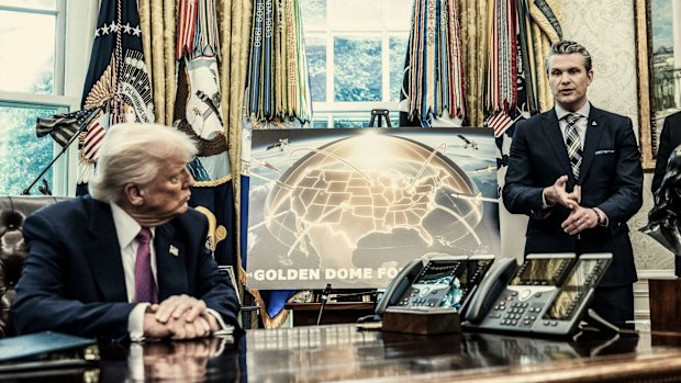 Donald Trump and Defence Secretary Pete Hegseth brief the press on the Golden Dome on May 20.