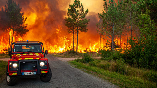 Fires burn out of control near Landiras, south of Bordeaux.