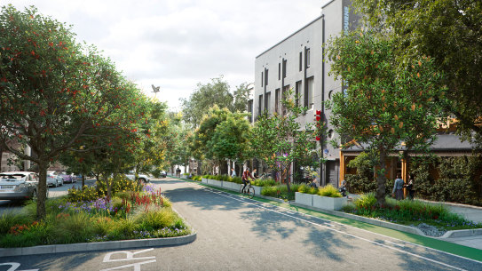An artists render showing the potential change in Faraday street, Carlton if on street car parks were replaced with greenery. 