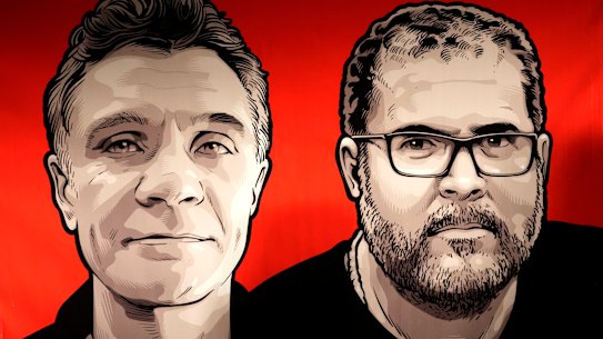 Images of British journalist Dom Phillips, left, and Indigenous affairs expert Bruno Araujo Pereira on a sign by employees of the National Indigenous Foundation, FUNAI, during a vigil in Brasilia, Brazil.