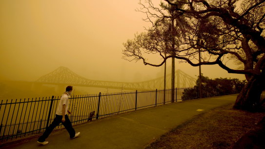 Climate change is expected to exacerbate the need for new water sources in south-east Queensland. Pictured is Brisbane in 2009 during severe dust storms.