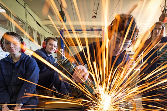 Kerang Technical High School students, Kate Heffer, Ryan Jardine, Tanner Treacy and Rylee Gitsham (left to Right) in the school’s engineering workshop. 