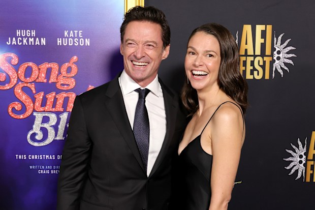 Hugh Jackman and Sutton Foster attend closing night gala premiere of Song Sung Blue during 2025 AFI FEST at TCL Chinese 6 Theatres on October 26, 2025 in Hollywood, California. 