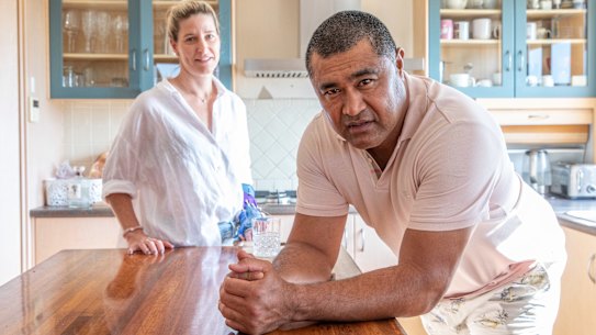 Toutai Kefu and wife Rachel, in their Brisbane home.