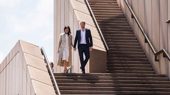Harry and Meghan outside the Sydney Opera House during their visit in 2018. 