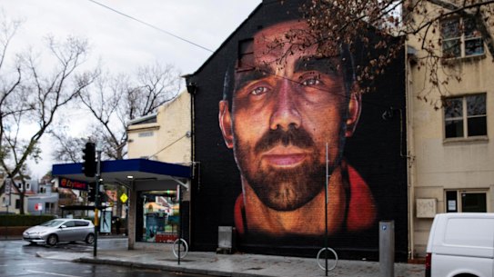 The  mural of former AFL Sydney Swans Player Adam Goodes painted by Apparition Media on the corner Foveaux and Crown Street in Surry Hills this week.
