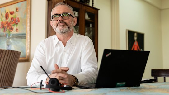 Lion beer chief executive officer Stuart Irvine, who has been working at home in Darling Point, Sydney, during the coronavirus pandemic.