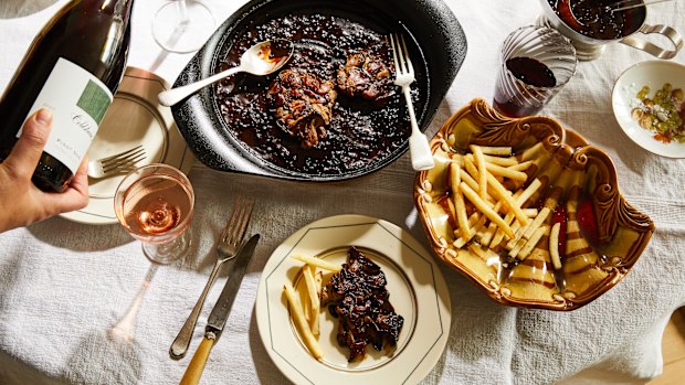 Grill-striped oyster mushroom “steaks” are served with sauce au poivre.