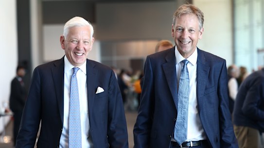 Rio’s chairman Dominic Barton (left) and chief executive Jakob Stausholm at a mining summit in Perth.