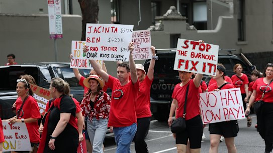 Public school teachers express their frustration with the Allan Labor government in Melbourne on March 24.