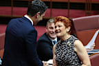Liberal Senator Alex Antic shakes hands with One Nation leader Senator Pauline Hanson.