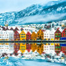 Multi-colour gingerbread houses along the Bryggen waterfront district.