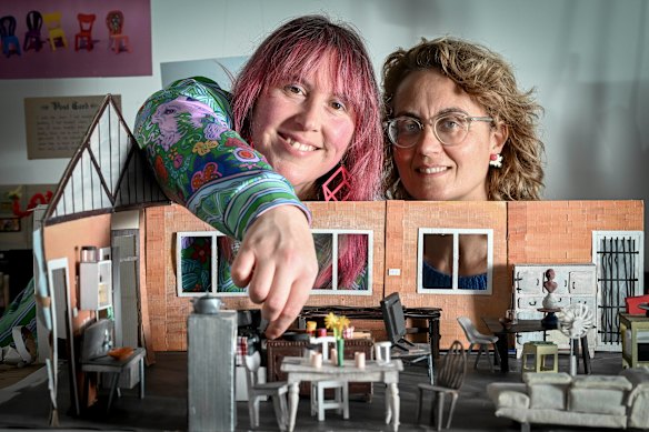 Isobel Knowles, left, and Van Sowerwine with props for their VR work The World Came Flooding In. 
