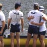 Millear’s teammates embrace each other before doing a memorial ‘row past’ to honour the 17-year-old memory.