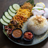 Nasi uduk with dried fish, omelette and chilli-fried potato.