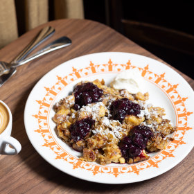 Kaiserschmarrn with blueberry compote.