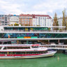 Danube channel cruise port near Vienna’s Schwedenplatz square. 