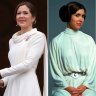 Queen Mary on the balcony of Christiansborg Palace in a drfess by Soeren Le Schmidt; Carrie Fisher as Princess Leia in ‘Star Wars’ in a dress by Oscar-winner John Mollo; Queen Camilla on the balcony of Buckingham Palace following her coronation in May, wearing a Burce Oldfield tunic.
Getty, Supplied, Alamy