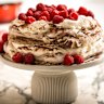 Two-layer chocolate swirl pavlova sandwiched with creme fraiche.