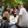 First year university students, Hardi Patel and Tobey Nunn enjoyed RMIT’s O-week “street festival” down Bowen St on campus on Thursday.