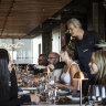 Gambino’s dining room, with its blue velvet and marble, is geared to special occasions.