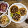 The taco plate with two sides, corn and slaw, at Tacos y Liquor, Geelong.