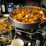 Army stew (budae jjigae) with sausages, beans, tofu and kimchi.