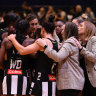 LAUNCESTON, AUSTRALIA - MAY 22: Geva Mentor of the Magpies and teammates celebrate the win during the round four Super Netball match between Collingwood Magpies and Queensland Firebirds at the Silverdome, on May 22, 2021, in Launceston, Australia. (Photo by Steve Bell/Getty Images)