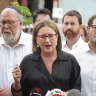 Victorian Premier Jacinta Allan with Jewish community leaders outside the Adass Israel synagogue in Ripponlea after the arson attack.
