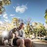 Brett Potts with his five year old Beagle cross Vera at Eades dog park in West Melbourne. 