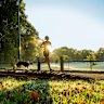A jogger runs with her dog at Carlton’s Princes Park on the first day of winter.