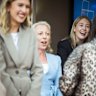 Amelia Hamer (right) and Jacqueline Blackwell (light blue jacket) greet Liberal Party members at Caulfield Racetrack for the Victorian Liberal party Preselection for Malvern.